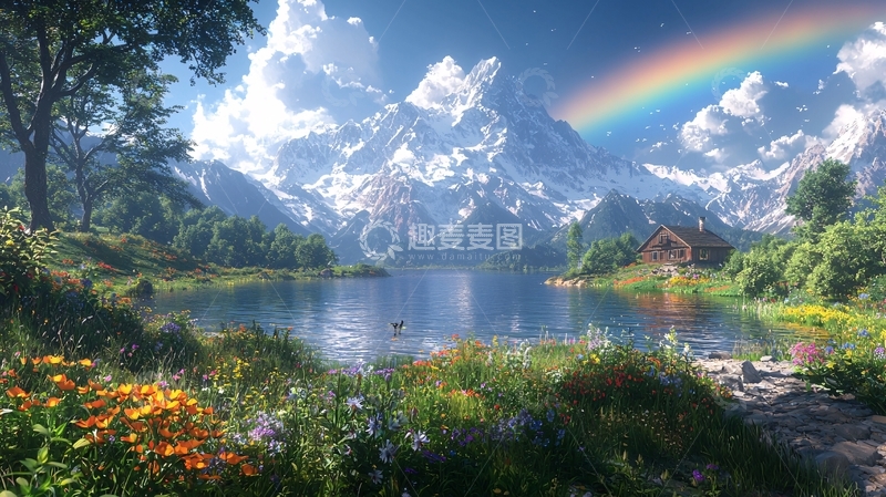 高清大图下载【趣麦麦图】彩虹雪山湖泊风景