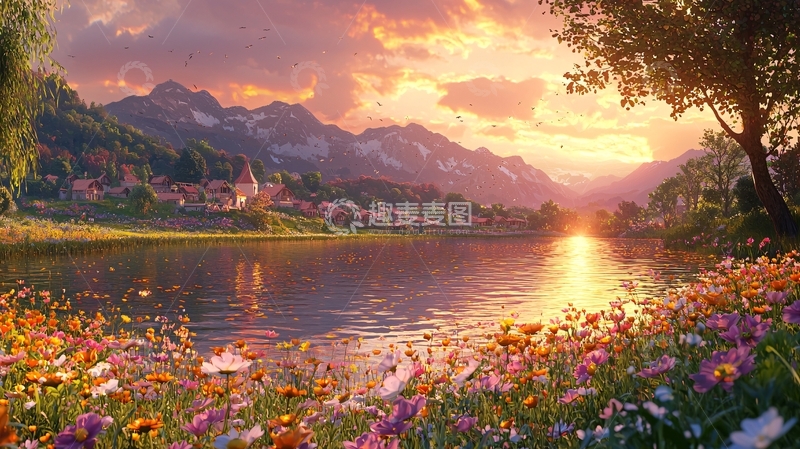 高清大图下载【趣麦麦图】日落湖边小镇鲜花盛开