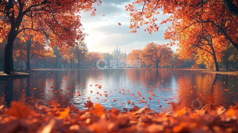 高清大图下载【趣麦麦图】秋日湖边红叶景色
