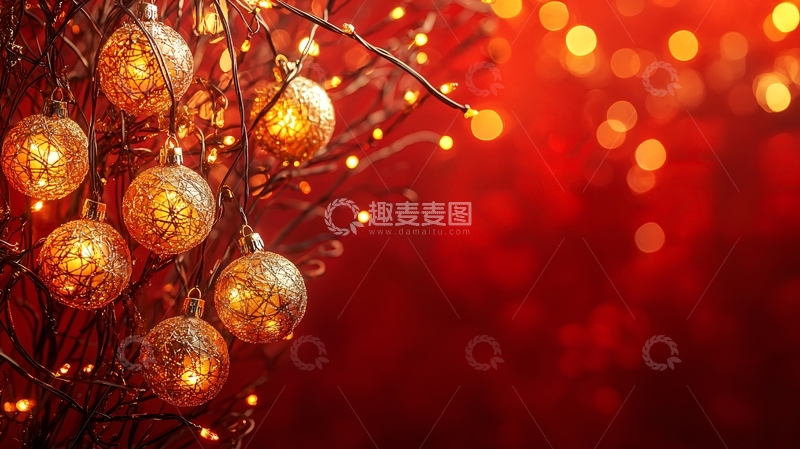 高清大图下载【趣麦麦图】红背景金色圣诞球灯光装饰