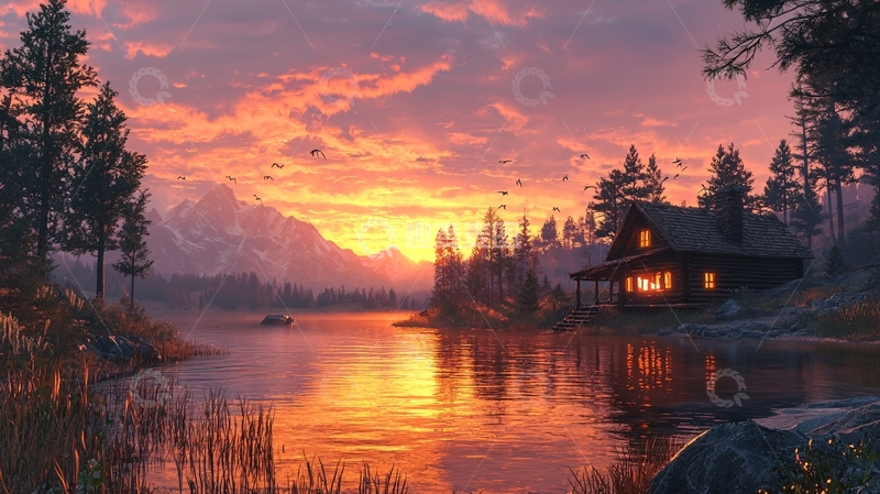 高清大图下载【趣麦麦图】山间湖泊傍晚小屋
