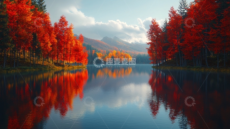 高清大图下载【趣麦麦图】秋日湖泊红叶倒影