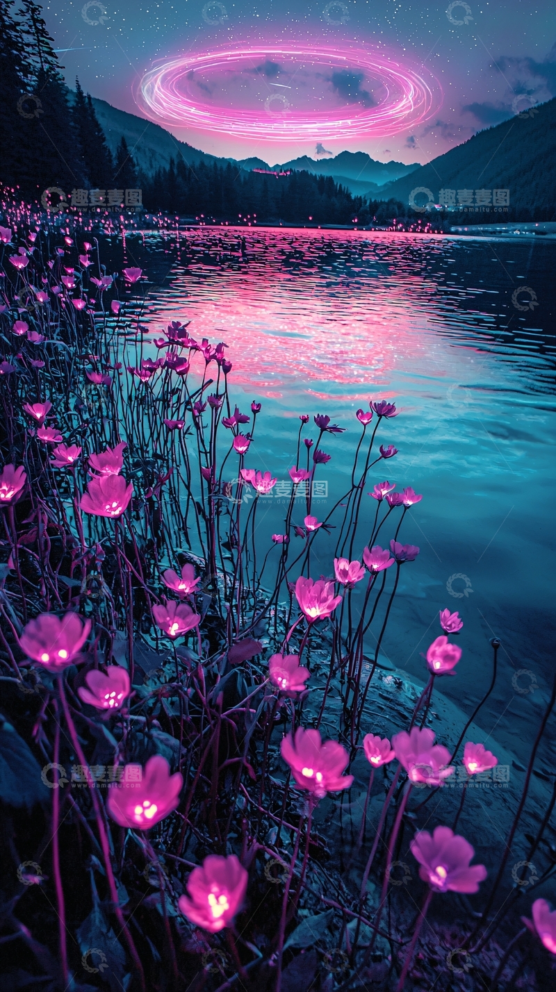 高清大图下载【趣麦麦图】梦幻湖泊粉色花海