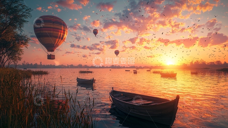 高清大图下载【趣麦麦图】日出热气球湖边小船