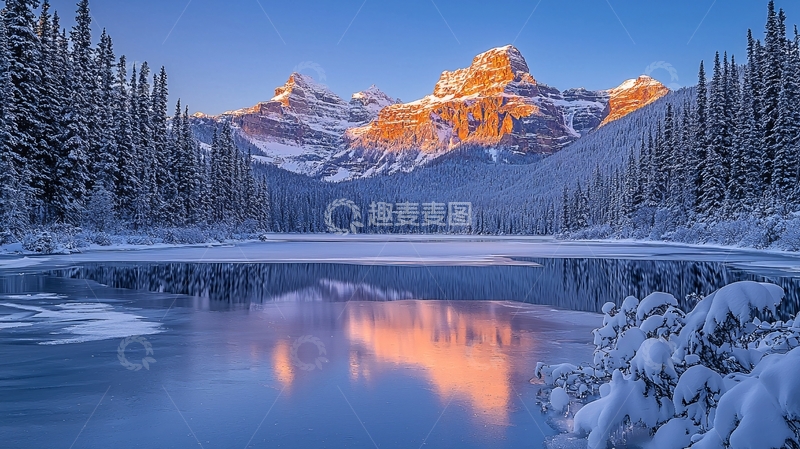 高清大图下载【趣麦麦图】雪山湖泊日出景色
