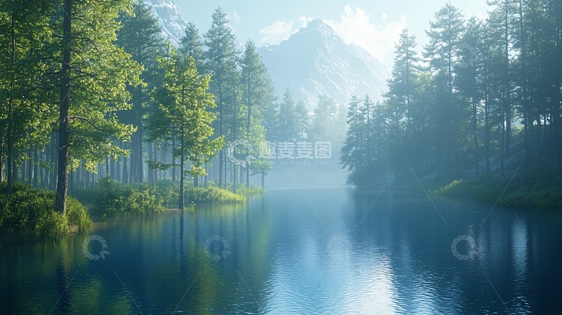 高清大图下载【趣麦麦图】清晨森林河流景色