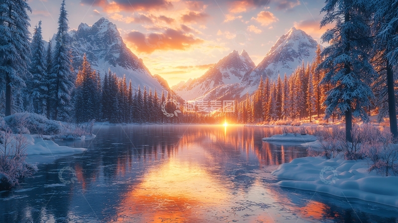 高清大图下载【趣麦麦图】雪山日出湖景