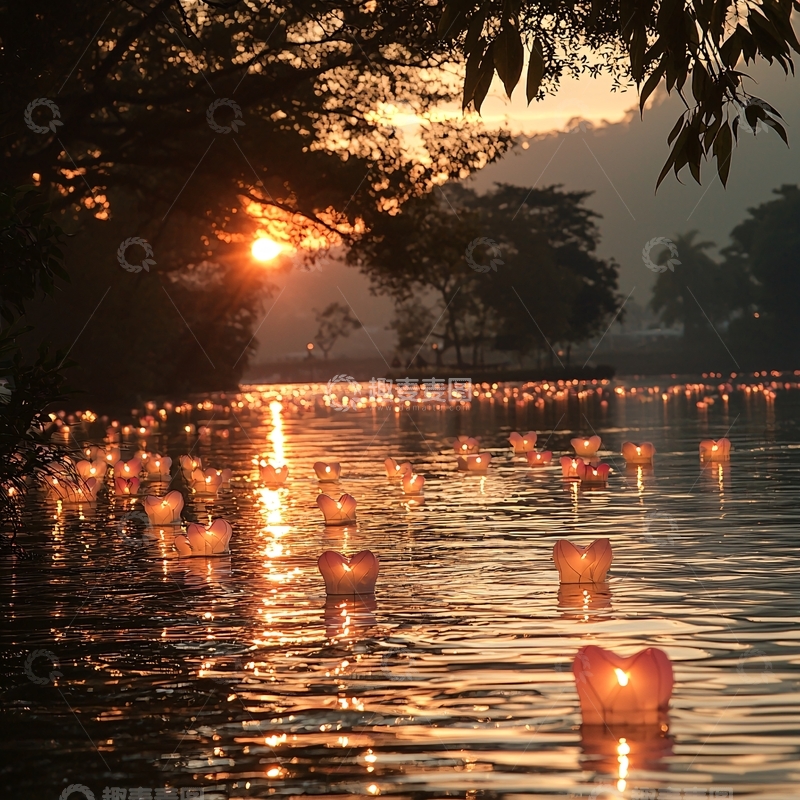 高清大图下载【趣麦麦图】夕阳西下水上漂浮灯笼