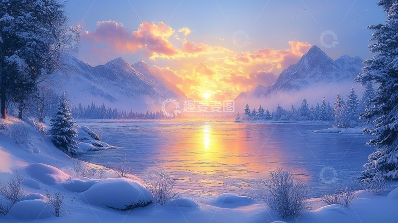 高清大图下载【趣麦麦图】冬日雪山日出湖景