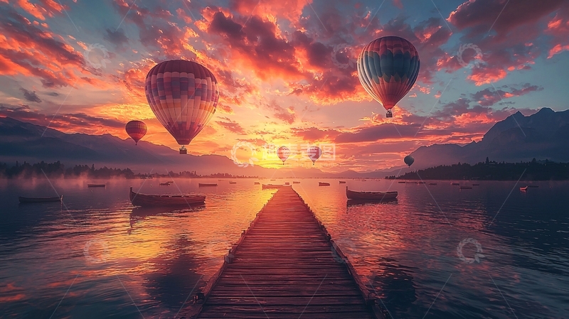 高清大图下载【趣麦麦图】日落热气球湖边木栈道