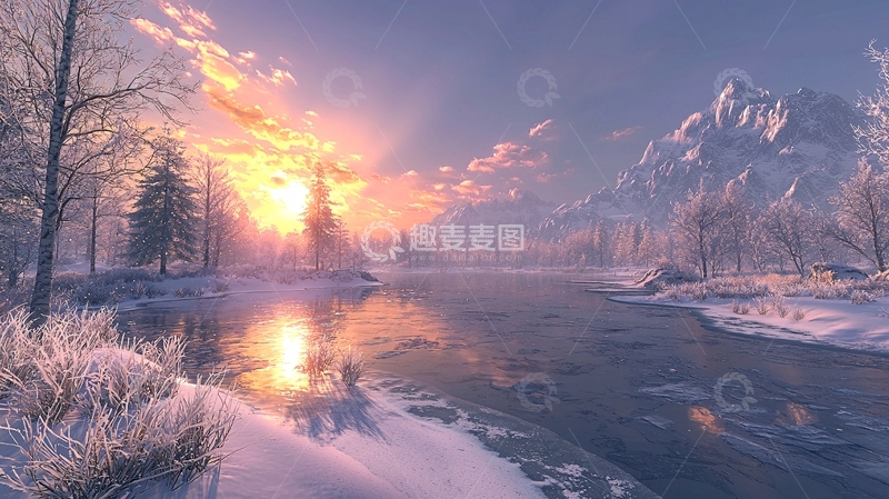 高清大图下载【趣麦麦图】冬日雪景湖边日落