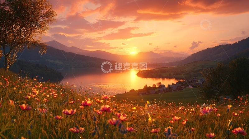 高清大图下载【趣麦麦图】夕阳西下湖光山色