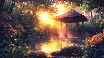 清晨阳光下的日式庭院