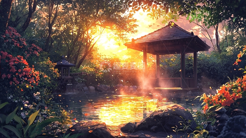 高清大图下载【趣麦麦图】清晨阳光下的日式庭院