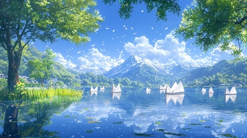 清新湖泊雪山风景画
