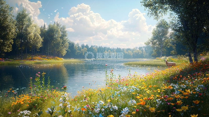 高清大图下载【趣麦麦图】阳光明媚的湖边野花