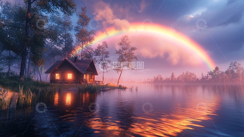 高清大图下载【趣麦麦图】湖边小屋彩虹风景