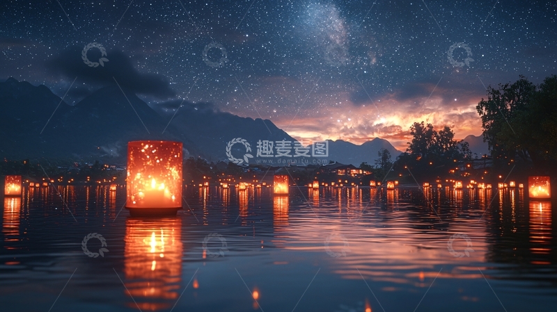 高清大图下载【趣麦麦图】星空下的湖面灯笼