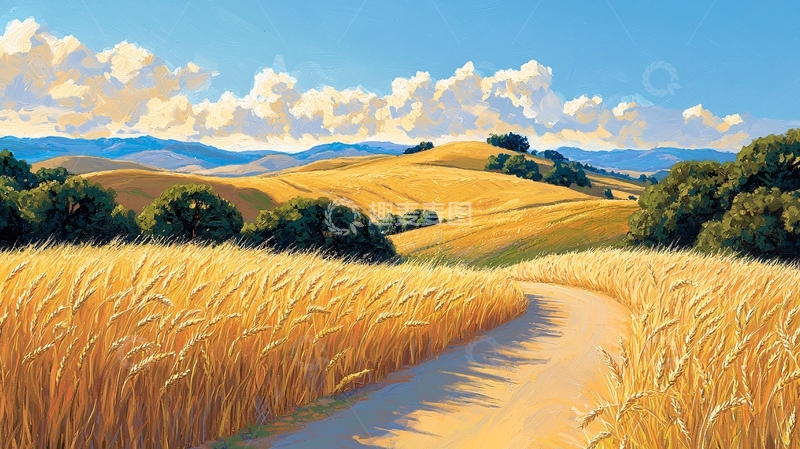 高清大图下载【趣麦麦图】金黄麦田小路乡村风景