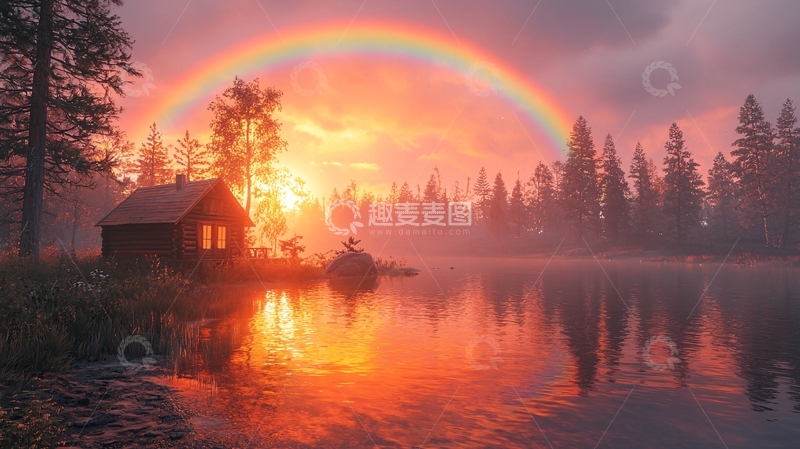 高清大图下载【趣麦麦图】彩虹日落小屋湖泊