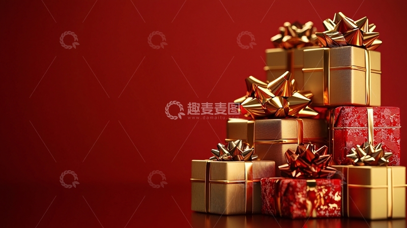 高清大图下载【趣麦麦图】-金色礼盒堆叠在红色背景