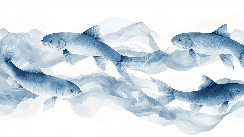 高清大图下载【趣麦麦图】一群蓝色鱼群游动的水彩画