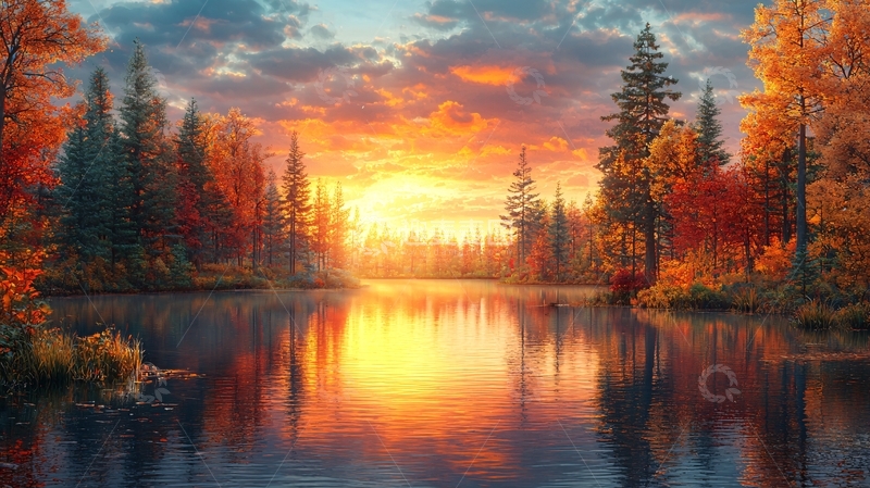 高清大图下载【趣麦麦图】秋日森林湖泊日落