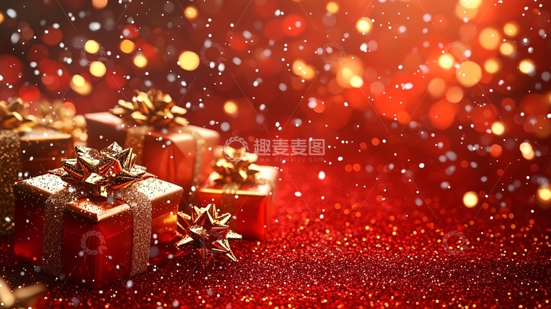 高清大图下载【趣麦麦图】红色背景下的圣诞礼物