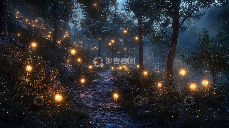 高清大图下载【趣麦麦图】雾气森林小路灯光