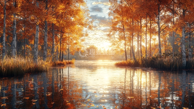 高清大图下载【趣麦麦图】秋日森林湖泊日出