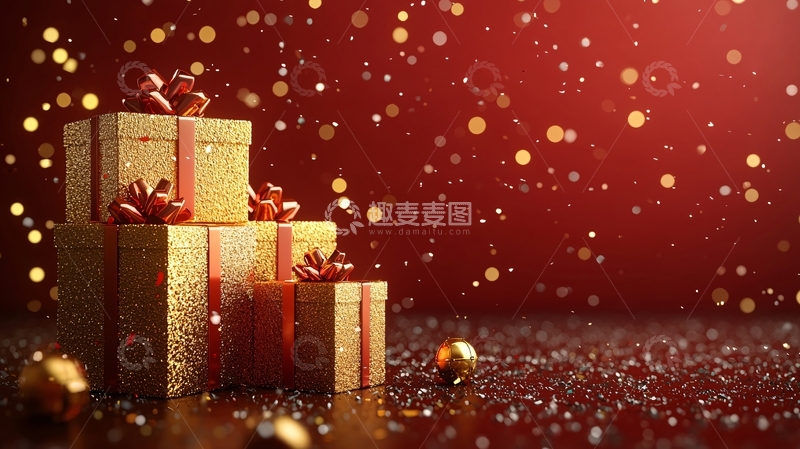 高清大图下载【趣麦麦图】红金色圣诞礼物堆叠