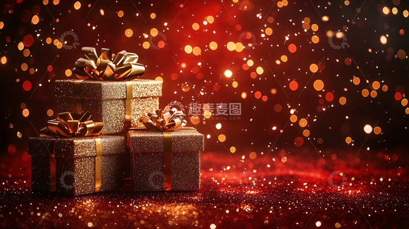 高清大图下载【趣麦麦图】红色背景下堆叠的金色礼盒
