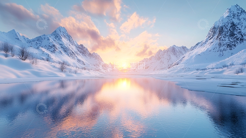 高清大图下载【趣麦麦图】雪山日落湖面倒影