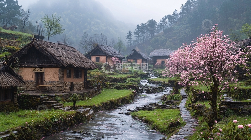 高清大图下载【趣麦麦图】山村溪流人家