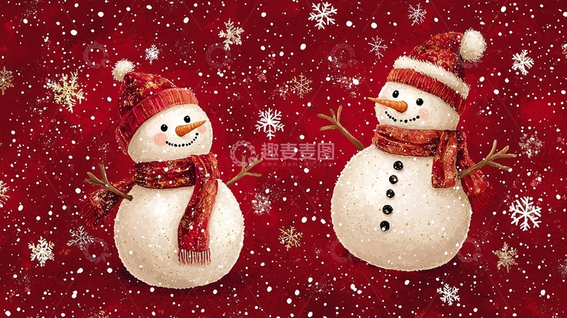 高清大图下载【趣麦麦图】圣诞红背景雪人