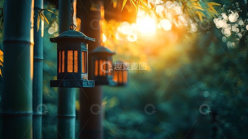 高清大图下载【趣麦麦图】日式庭院灯笼竹林光影