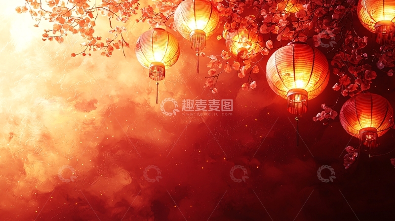 高清大图下载【趣麦麦图】红灯笼樱花树下朦胧意境