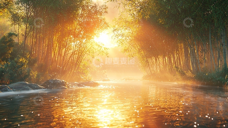 高清大图下载【趣麦麦图】清晨竹林小溪