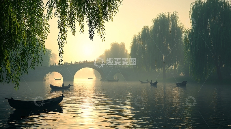 高清大图下载【趣麦麦图】清晨古桥水乡景色