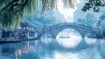 清晨古镇水墨画