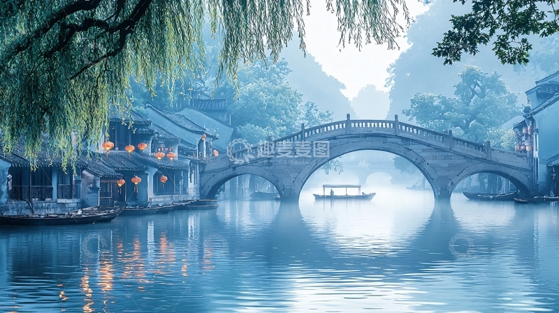 高清大图下载【趣麦麦图】清晨古镇水墨画