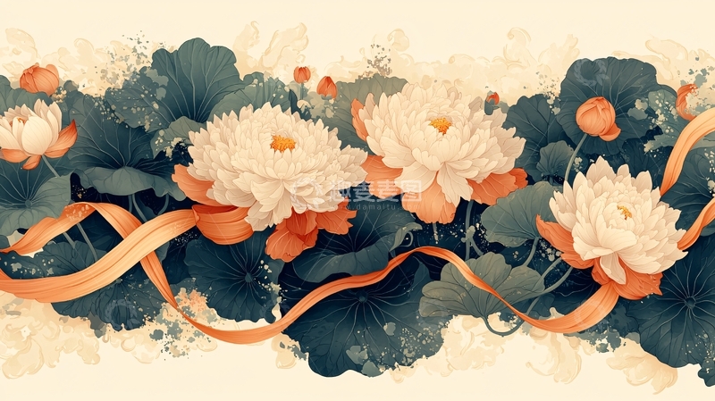 高清大图下载【趣麦麦图】水墨荷花丝带