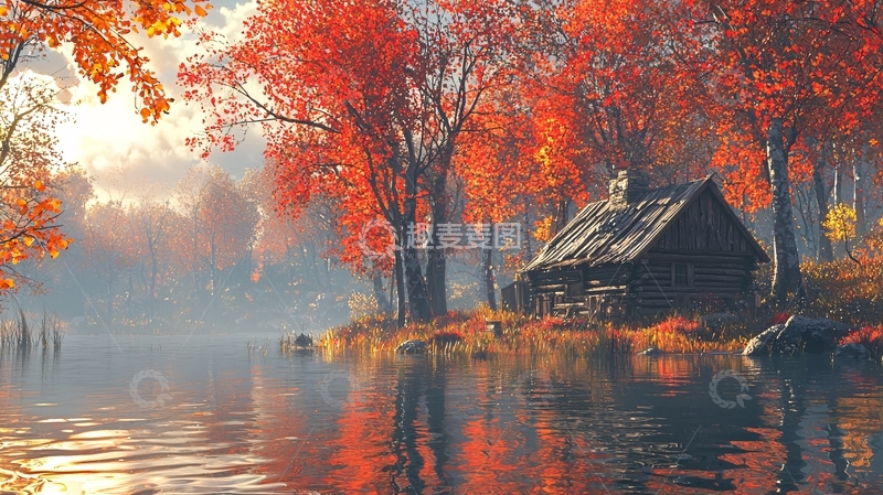 高清大图下载【趣麦麦图】秋日红叶湖边小屋