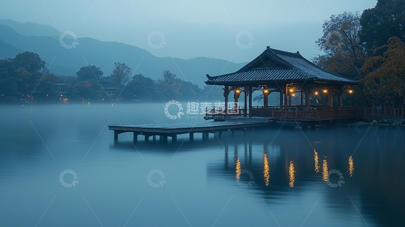 高清大图下载【趣麦麦图】湖边朦胧夜色下的中式亭子