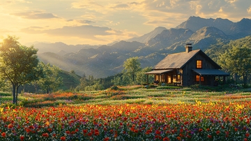 山间木屋落日余晖