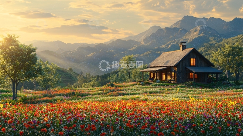 高清大图下载【趣麦麦图】山间木屋落日余晖
