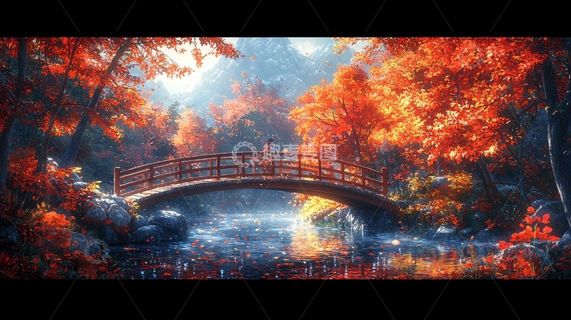 高清大图下载【趣麦麦图】秋日红枫桥流水