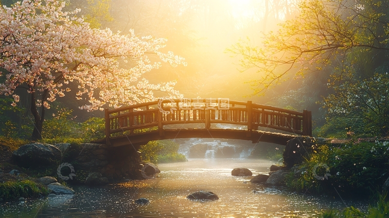 高清大图下载【趣麦麦图】清晨阳光下的木桥