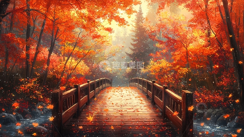 高清大图下载【趣麦麦图】秋日森林小桥
