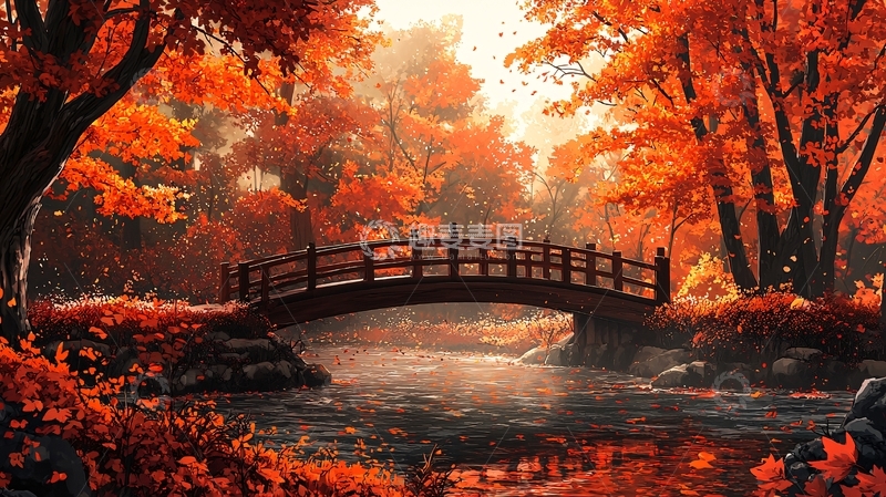 高清大图下载【趣麦麦图】秋日红叶小桥流水